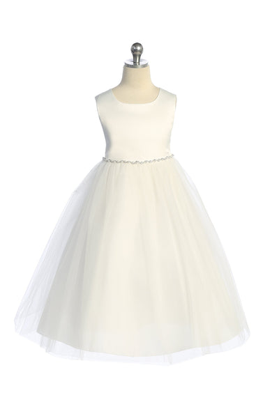KD538-G Ivory Satin Top Dress with Rhinestones & Pearls (2-14 yrs)