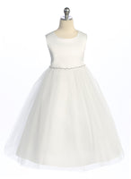 KD538-G White Satin Top Dress with Rhinestones & Pearls (2-14 yrs)