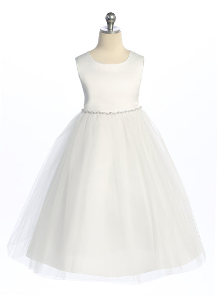 KD538-G Plus Size White Satin Top Dress with Rhinestones & Pearls (sizes 16.5-20.5)