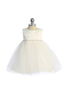 KD540-G Ivory Satin Top Baby Dress with Rhinestones & Pearls (3-24m)