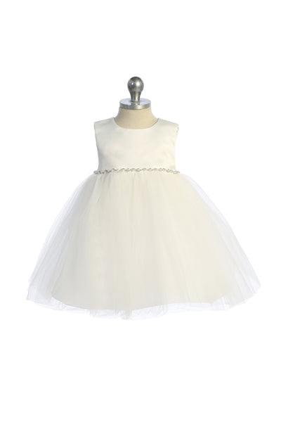 KD540-G Ivory Satin Top Baby Dress with Rhinestones & Pearls (3-24m)