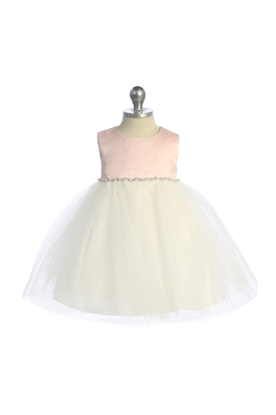 KD540-G Dusty Rose/Ivory Satin Top Baby Dress with Rhinestones & Pearls (3-24m)
