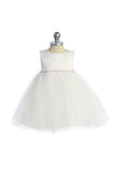 KD540-G White Satin Top Baby Dress with Rhinestones & Pearls (3-24m)