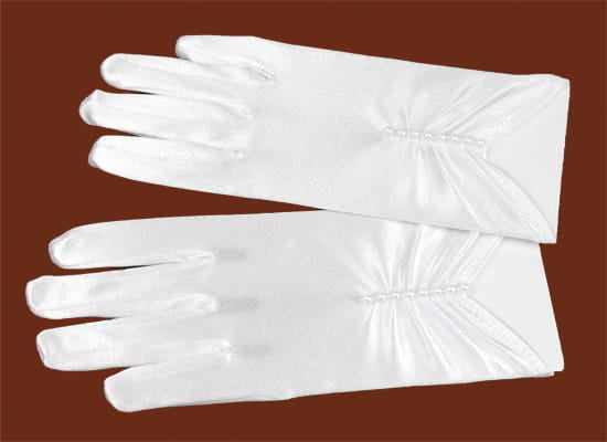 KR63320 Shiny Stretch Satin Short White Communion Gloves with a Line of Pearls (regular & large)