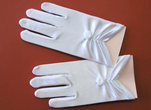 KR63332 White Short Satin Communion Gloves with a Rose (regular & large)