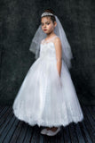 KD7007 White Luxurious Lace Appliqué Illusion Bateau Dress (4-16 years)