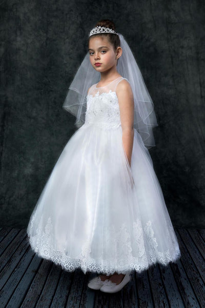 KD7007 White Luxurious Lace Appliqué Illusion Bateau Dress (4-16 years)