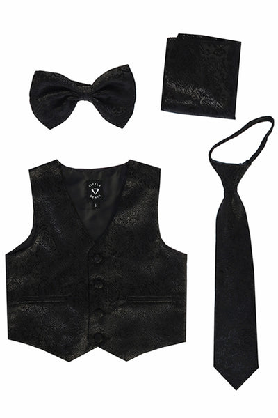 #738 Black Paisley Set with Waistcoat, Necktie, Bowtie, Hanky (3m-14yrs)