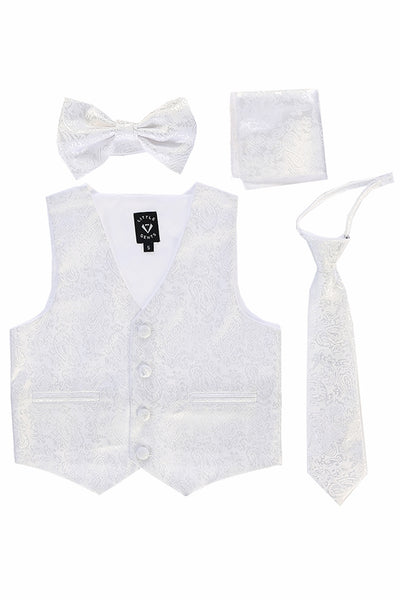 #738 White Paisley Set with Waistcoat, Necktie, Bowtie, Hanky (3m-14yrs)