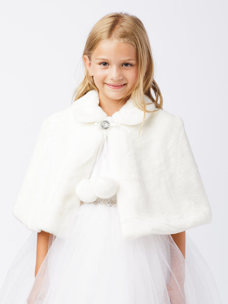 TK7891 Faux Fur Cape with Pom Poms (white and ivory, 3 months to 14 years)