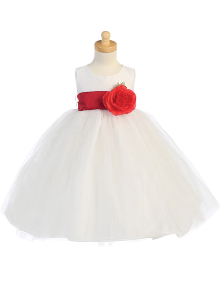 BL228 Baby White Poly Silk & Tulle Dress with Optional Sash (6-24m)