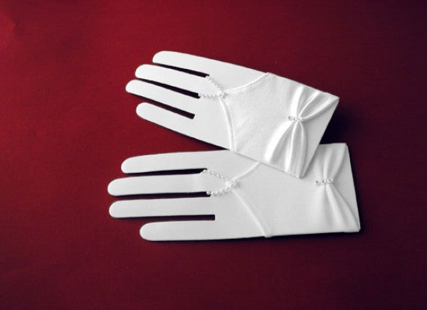KR63552 White Short Fingerless Stretch Satin Communion Gloves with 3 Rhinestones (regular size)