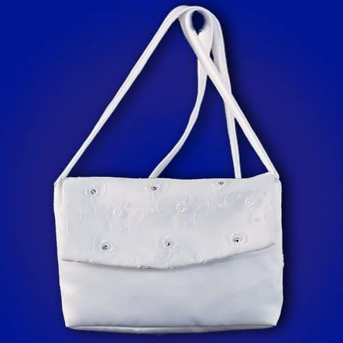 KR6254 White Satin Communion Handbag with Lace and Rhinestones