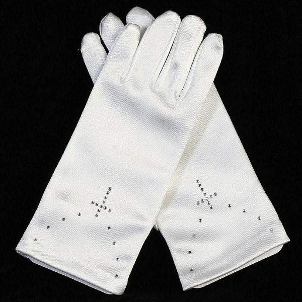 GL15 Stretch Satin Short White Communion Gloves with Rhinestone Cross