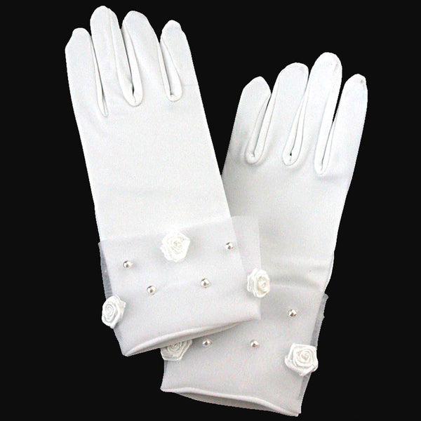 GL2 Stretch Satin Short White Communion Gloves with Rosette & Pearl Accents
