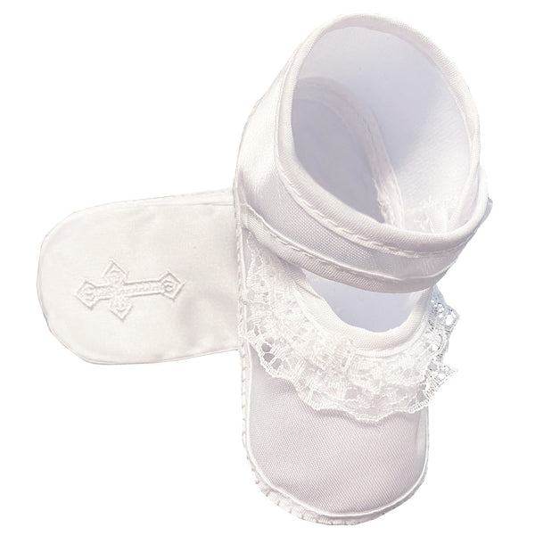 GT215 Baby Girls White Satin and Lace Booties with Cross