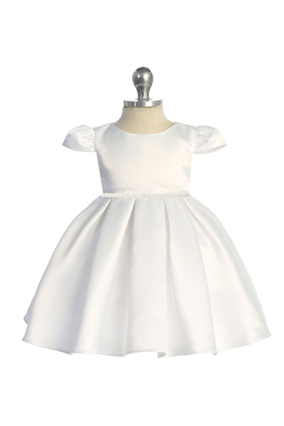 KD544C White Satin Classic Pleated Baby Dress with Pearl Trim (3-24m)