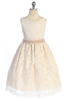 SALE KD526-B Champagne All Lace V-Back Dress with Pearl Mesh Trim (6 yrs only)