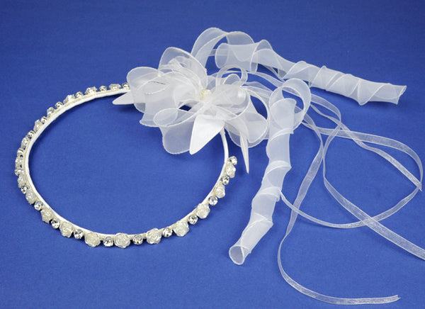 KR64588 White Halo Wreath Headpiece with Organza Ribbons