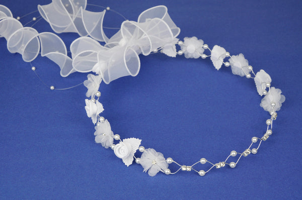 KR64632 White Halo Wreath Communion Headpiece with Organza Ribbons