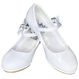 PEARL White Patent Dress Shoes with Heel , Ankle Strap and Side Bow (Junior Sizes 10 to 6)