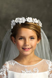 VEIL040 White Rhinestone & Pearl Flower Crown with Veil