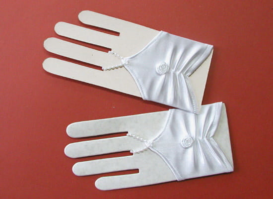KR63512 White Stretch Satin Short Fingerless Communion Gloves with a Rose (Regular & Large)