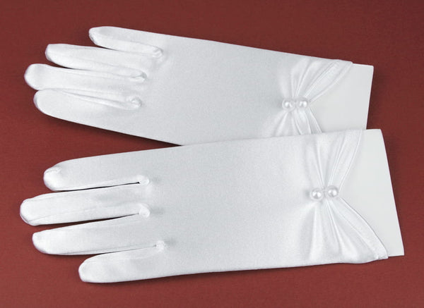 KR6334 White Short Satin Communion Gloves with Two Pearls (regular size)