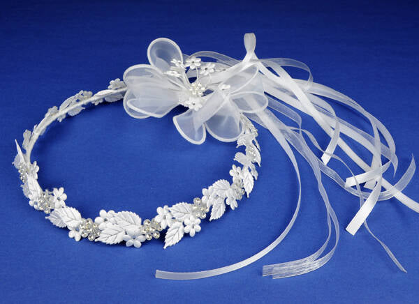 KR64547 White Halo Wreath Headpiece with Organza & Satin Ribbons
