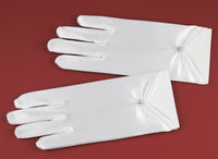 KR63334 White Short Satin Communion Gloves  with a Chrystal Bead (regular size)