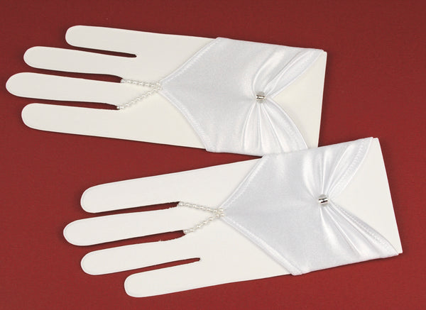 KR63535 Short Fingerless Stretch Satin White Communion Gloves with a Crystal Bead (regular size)
