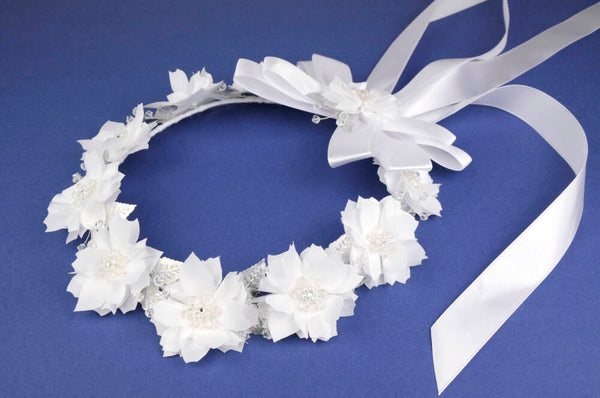 KR64729 White Halo Wreath Headpiece with Satin Ribbons
