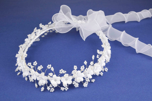 KR64730 White Halo Wreath Headpiece with Organza Ribbons