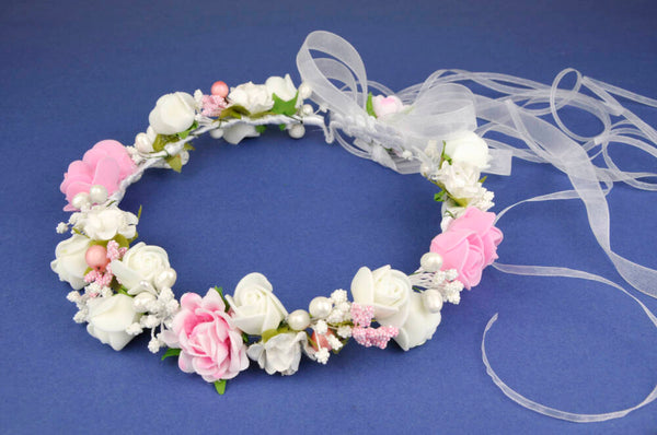 KR64734 Floral Halo Wreath Headpiece with White Organza Ribbons