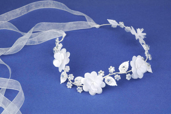 KR64185 White Flexible Floral Twine Communion Headpiece with Diamonds & Pearls
