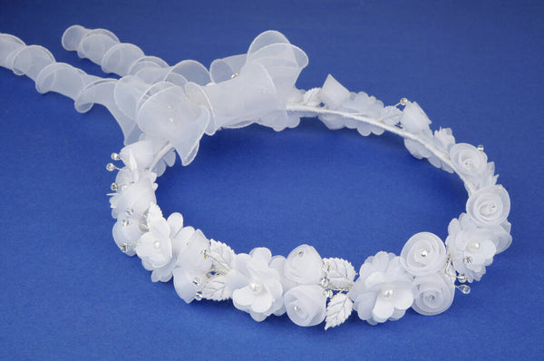 KR64683 White Halo Wreath Communion Headpiece with Organza Ribbons