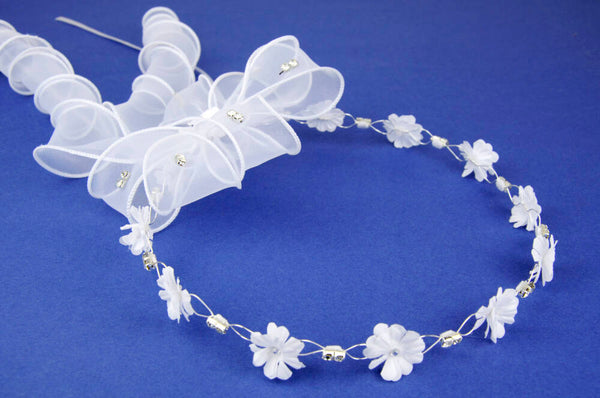 KR64696 White Halo Wreath Communion Headpiece with Organza & Satin Ribbons