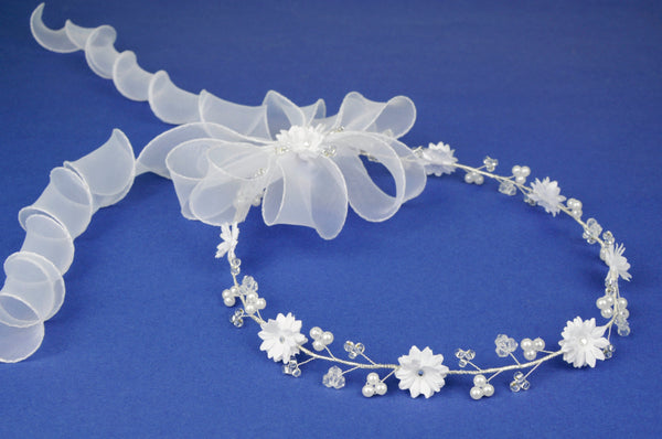 KR64698 White Halo Wreath Communion Headpiece with Organza Ribbons