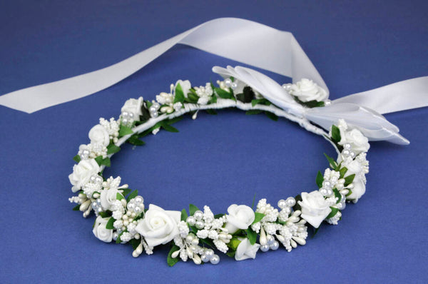 KR64713 White Floral Halo Wreath Headpiece with White Satin Ribbons
