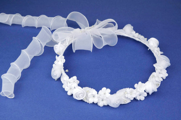 KR64715 White Halo Wreath Communion Headpiece with Organza Ribbons