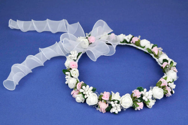 KR64719 Floral Halo Wreath Headpiece with White Organza Ribbons