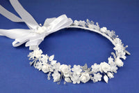KR64727 White Halo Wreath Headpiece with Satin Ribbons