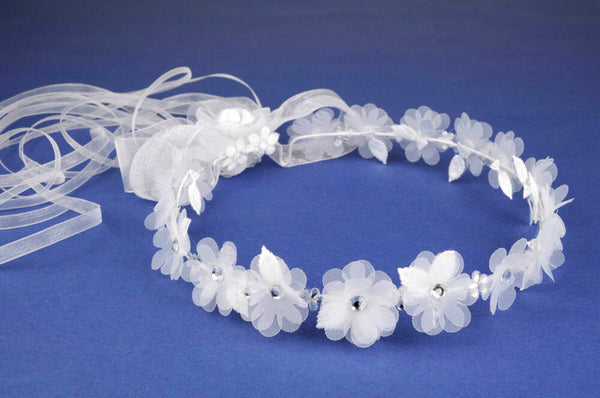 KR64732 White Halo Wreath Headpiece with Organza Ribbons