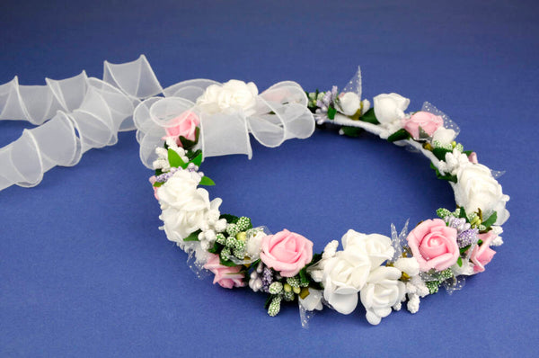 KR64741 Floral Halo Wreath Headpiece with White Organza Ribbons