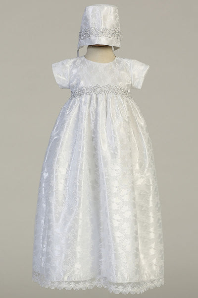 CASSANDRA White Christening Gown with Silver Trim (0-18m)