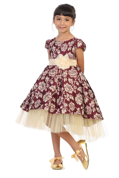 SALE KD506 Burgundy Brocade Peaking Tulle High-Low Dress (4 years only)