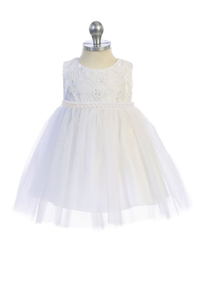 KD456B-C White Baby Dress with Pearl Trim (3-24m)