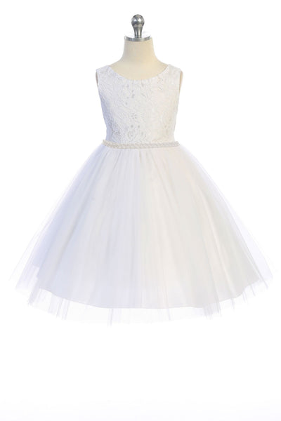 KD456-C White Dress with Thick Pearl Trim (2-14 yrs)