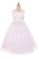 KD411F White Dress with 3 Flowers on Waist (2-14 years)