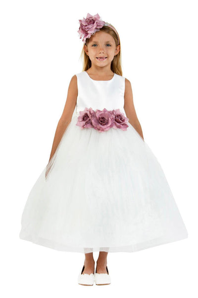 KD411F White Dress with 3 Flowers on Waist (2-14 years)